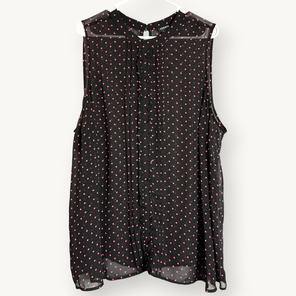 Torrid Plus Size 4 Polka Dot Ruffle Blouse Black Pink Sheer Sleeveless Plus 4X